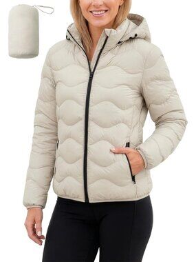 Packable Women's Puffer Jacket, Wavy Quilted Coat with Detachable Hood for